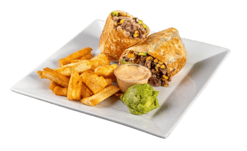 Steak and avocado burrito cut in half served with crispy fries, guacamole, and dipping sauce on a white platter