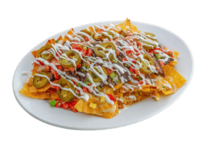 Loaded beef nachos topped with melted cheese, fresh pico de gallo, sliced jalapeños, and sour cream drizzle